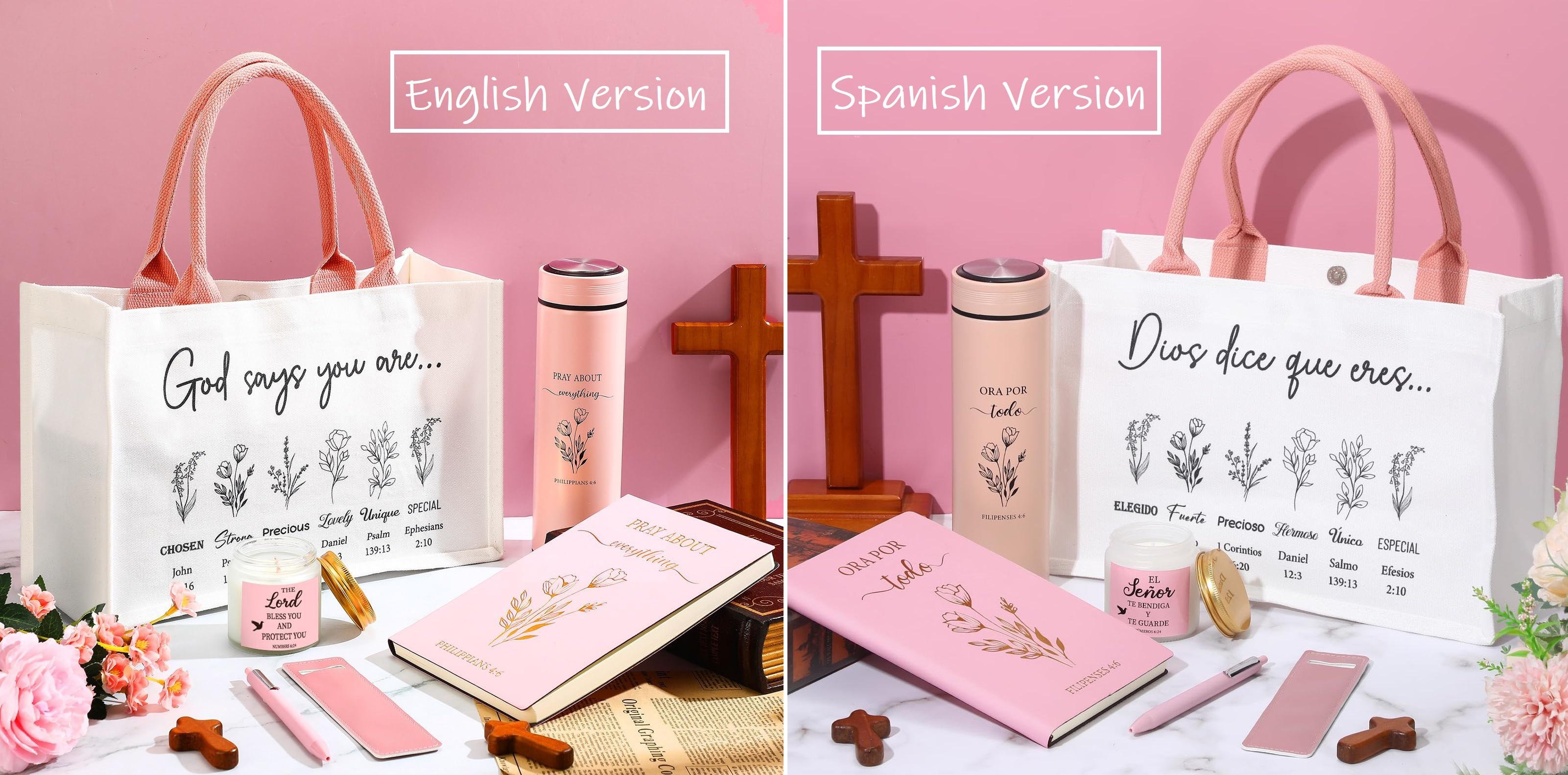 Easter Christian Gifts for Women 6pcs Religious Gift with Canvas Tote Bag Makeup Bag Candle Cross Necklace Thermos Cup Greeting Card Faith Inspirational Catholic Gift for Women Friends Mother Sister Wife, Sunday Prayer Gift for Easter Communion Holiday