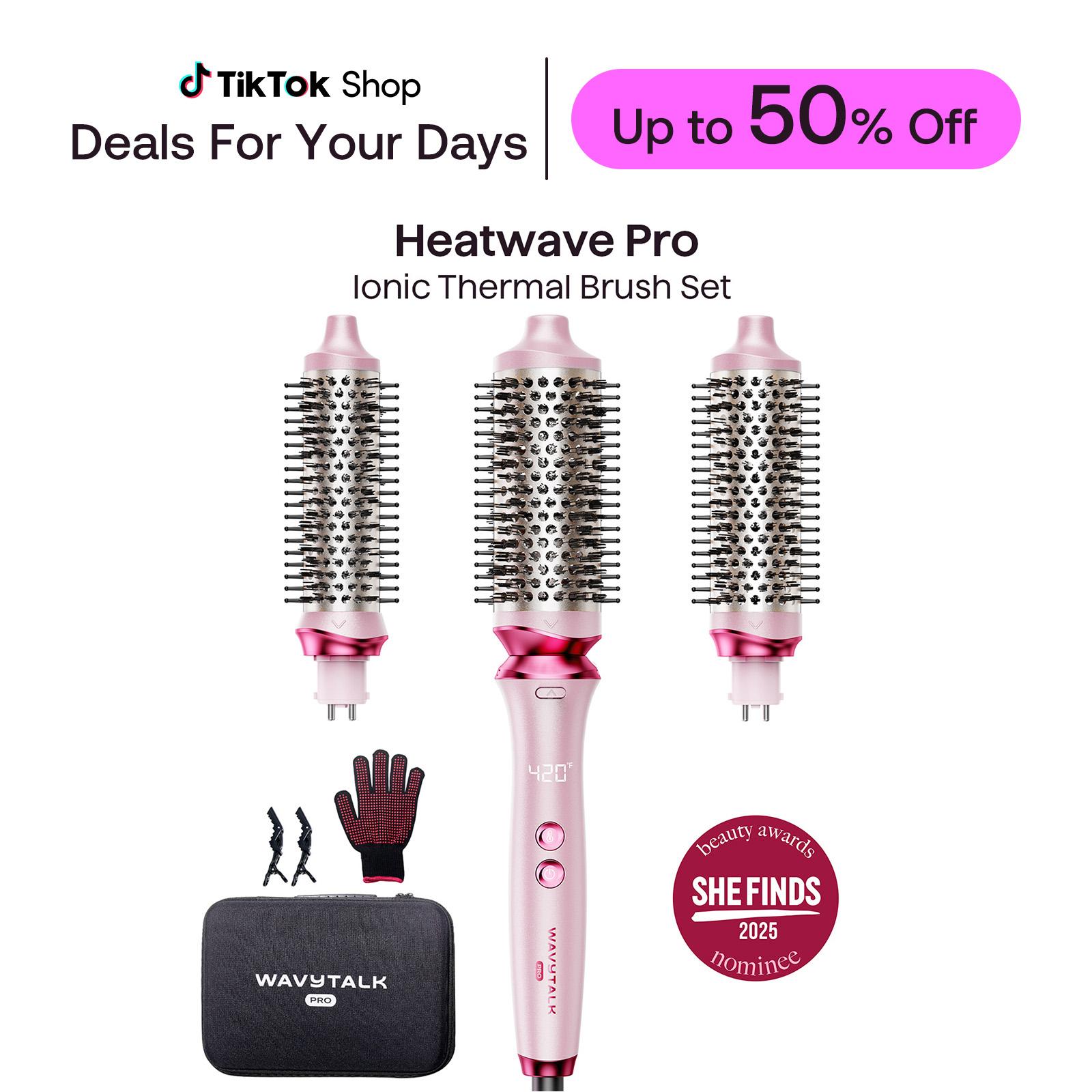 Wavytalk Heatwave Pro Ionic Thermal Brush Set: Negative Ion Styling with 3-Size Interchangeable Brushes - Dual Voltage for Salon Shine & One-Step Blowouts (Short/Long Hair) , Pink