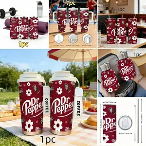 1pc Dr Pepper Floral Print Handheld Cup, Food Grade Stainless Steel Insulated Travel Mug, Portable Sports Water Bottle, Gym Camping Companion