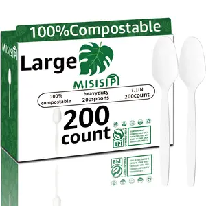 200PCS 6.7IN 100%Compostable Spoons    Set All Natural USA Corn Plant Based Large  Spoons  Set Heavy Duty Plastic-Free Disposable Spoons for Party BBQ Banquet Wedding Picnic.(Inclound 200Spoons)