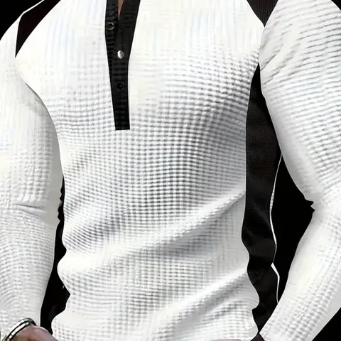 Men's Patchwork Henry Shirt, Casual Fashion Shirt, Casual Stylish Long Sleeve, Fitted, Elastic Polyester Fabric, Button Up Design, Button Up Top, Perfect for Outdoor Activities & Leisure Wear