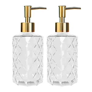 Transparent Glass Pump Soap Dispenser Bottles, 2-Pack Durable 330ml Gold Press Top (10x10x20cm) for Liquid Hand Soap, Lotions