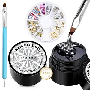 modelones Rhinestone Glue No Wipe Nail Gem Glue Super Strong Adhesive with Nail Charms & Dual-Use Brush, 2×5 ml