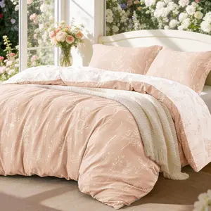 Love's cabin Pink Queen Comforter Set - Queen Size Comforter Set, 3 Pieces Cute Floral Bedding Sets for All,1 Soft Reversible Botanical Flowers Comforter and 2 Pillow Shams