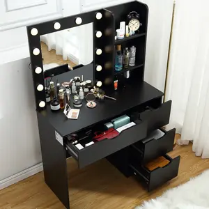 Makeup Vanity Desk with Mirror and Lights, 35 Inch Makeup Table with 4 Drawers and Built-in Power Strip, 3 Lighting Colors Adjustable Dressing Table for Bedroom, Makeup Studio, White