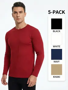 Men's 5-piece Set of Long-sleeved Shirts Round-neck Thermal Underwear Tops Casual Wear Beige Crewneck Socks in Polyester Comfortable Long-Sleeve Polos