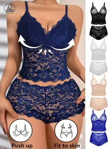 4-Piece Sexy Lace Push-Up Bra Set, Wireless Unlined Comfortable Sleepwear, French Sweet Style, Breathable Soft Skin-Friendly Design, Lingerie Underwear, Underwear Sets, Womenswear
