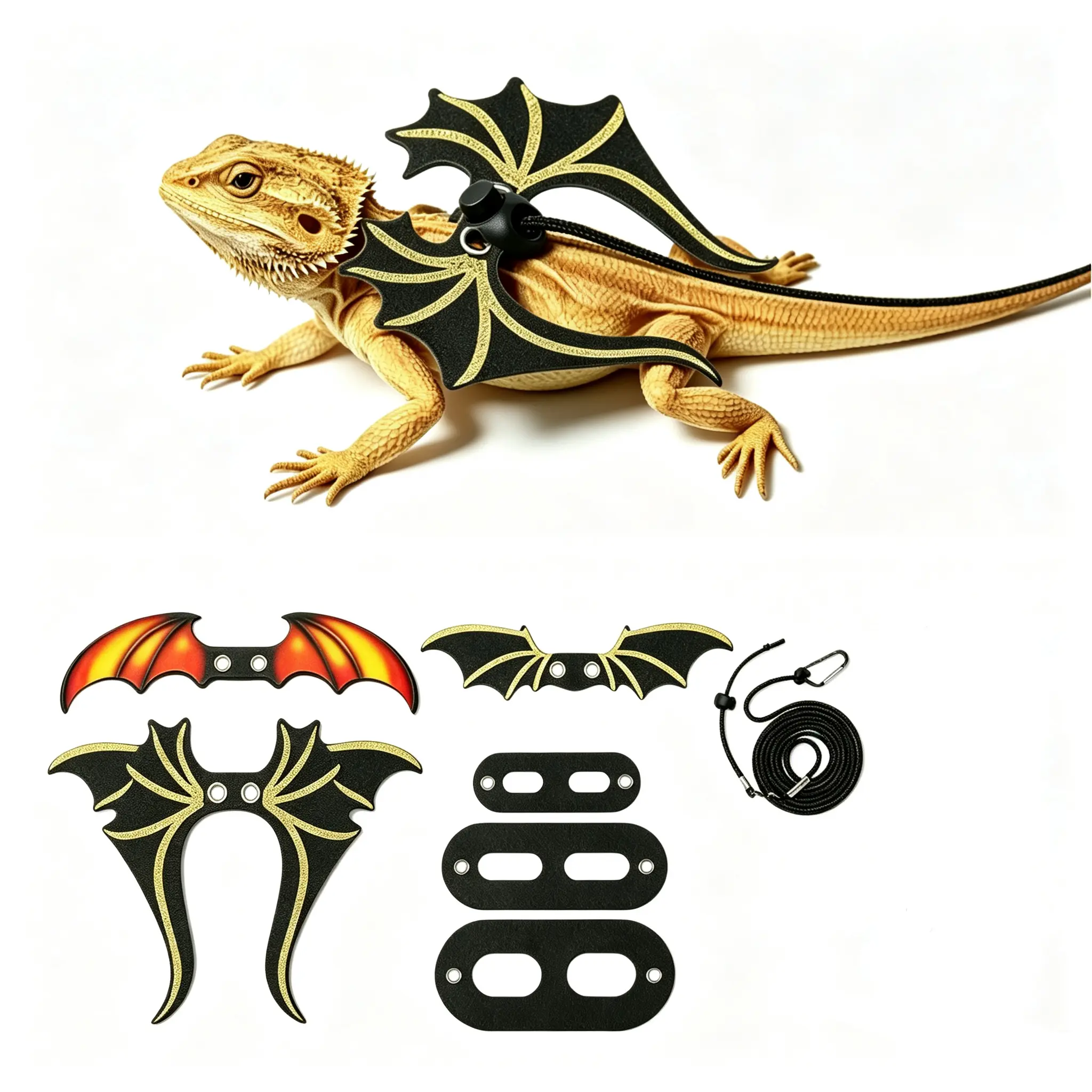 Bearded Dragon Leash and Harness Set 3 Size Lizard Traction Rope Cool Leather Adjustable 3 Pcs Bearded Dragon Leash Dinosaur Wings for Reptile Safety Walking