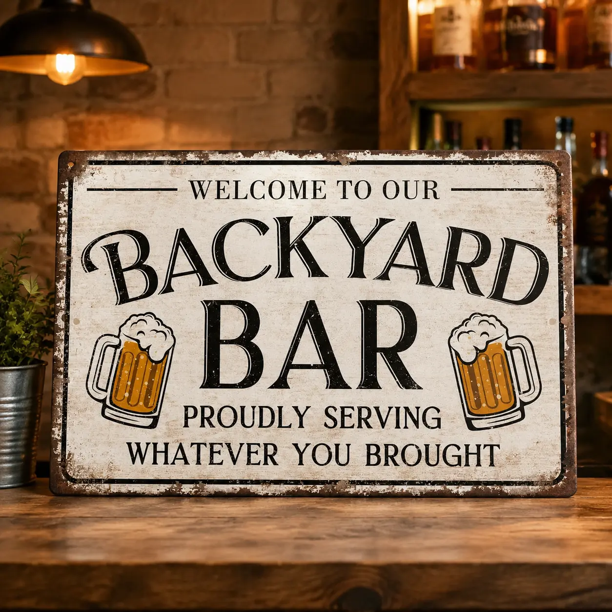 Vintage Metal-Toned Welcome Sign - 8x12 in Outdoor Weatherproof Rustic Plaque, Farm-Themed Home Decor for Backyard Bar Farmhouse Displays, Proudly Serving Whatever You Brought Home, Farm-Themed Home Signs Home Signboard