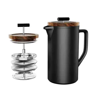 Ceramic French Press Coffee Maker, 22 Ounce Coffee Press with Walnut Wood Lid, Premium Triple Filters Food Grade Stainless Steel for Good Coffee and Tea