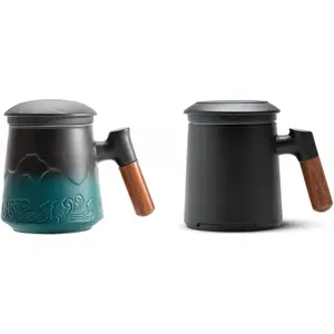 ZENS Tea Cup with Infuser and Lid, 15.2 Ounce Black&Green Gradient Embossed Large Loose Tea Mug and 13.5 Ounce Black Stoneware Glazed Tea Cup