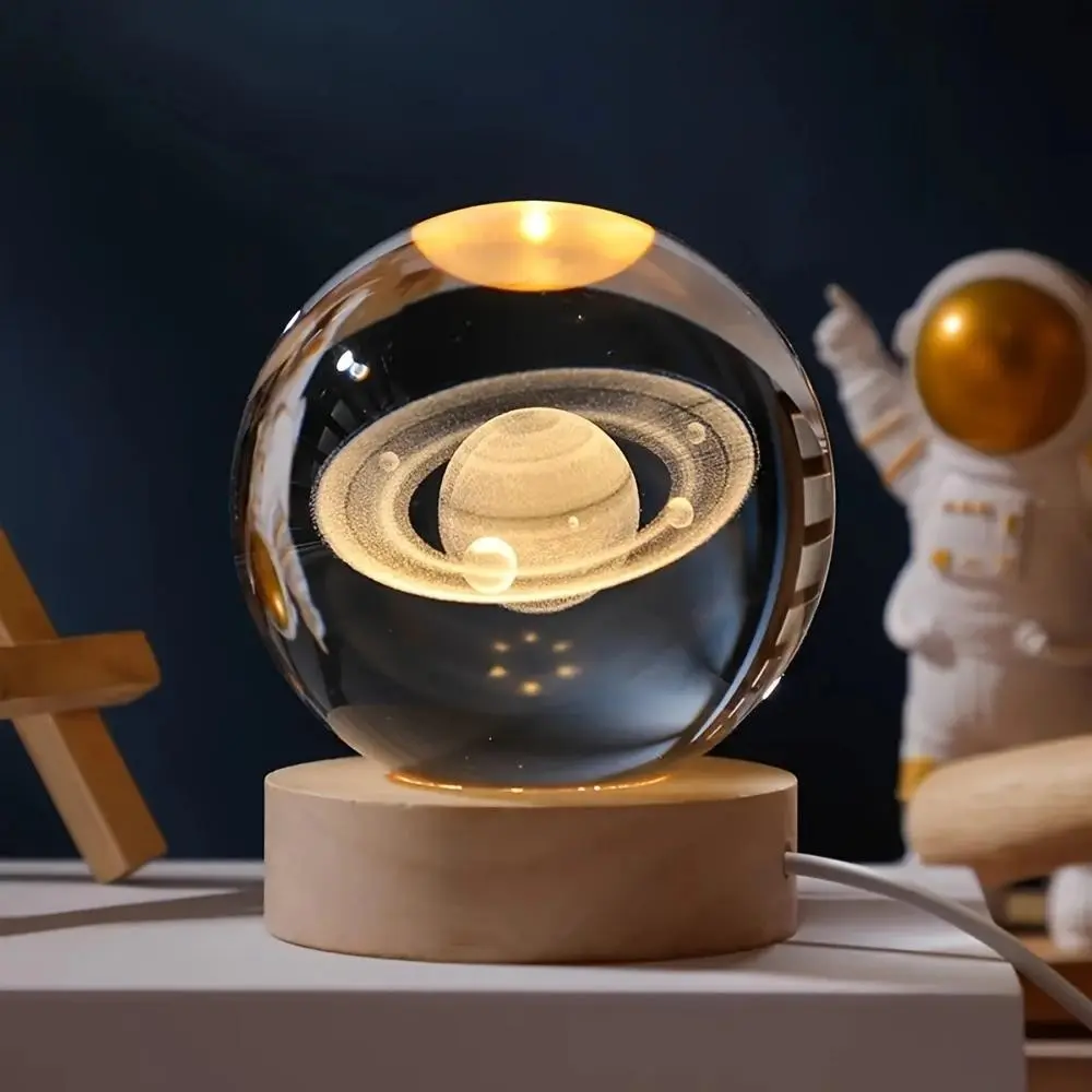 3D Solar System Crystal Ball with LED Base, Led Light Up Wooden USB Powered Illuminated Night Light, Led Ball Lights, Decorative Lights, Ideal Gift for Science/astronomy Lovers, Portable Indoor Decor