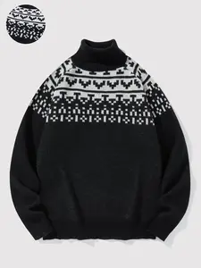 Men's Ethnic Pattern Raglan Sleeve Sweater, Regular Fit Casual Long Sleeve Mock Neck Jumper for Fall & Winter, Fashion Men's Knitwear for Daily Wear