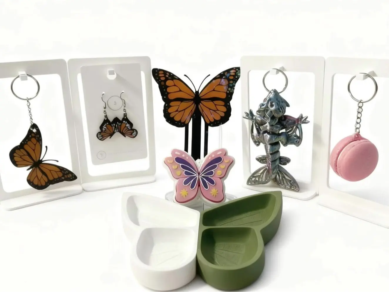Butterfly Collection Gift Set Bundle - Butterfly Bookmark, Butterfly Keychain, Butterfly Dragon Keyring, Butterfly Fidget Clicker, Butterfly Earrings, Butterfly Tray, Macaron Clicker Keychain
