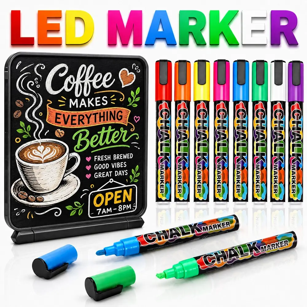 6/8/12/24 Color Liquid Chalk LED Drawing Pen, Dust-Free Erasable Water-Soluble Chalk, Fluorescent Marker for Whiteboard, Blackboard, Glass, Car Windows
