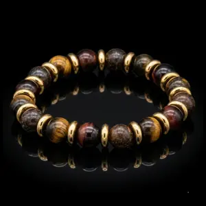 Men's Calmness and Protection Bracelet: Bronzite, Red Tiger Eye, Yellow Tiger Eye and Gold