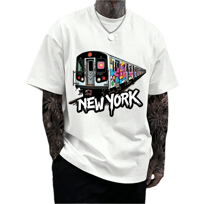Men's 100% Cotton Breathable Fabric Streetwear T-Shirt - New York Theme Graffiti Art Geometric Subway Graphic, Round Neck Short-Sleeve Regular Fit, Casual Top, Menswear Fashion Apparel, Subway Print