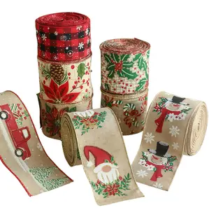Christmas Wired Ribbon, Vintage Linen Ribbon with Santa, Truck & Plaid Prints, Holiday Ribbon for Wreaths, Gift Wrapping & Tree Decor,summerwins