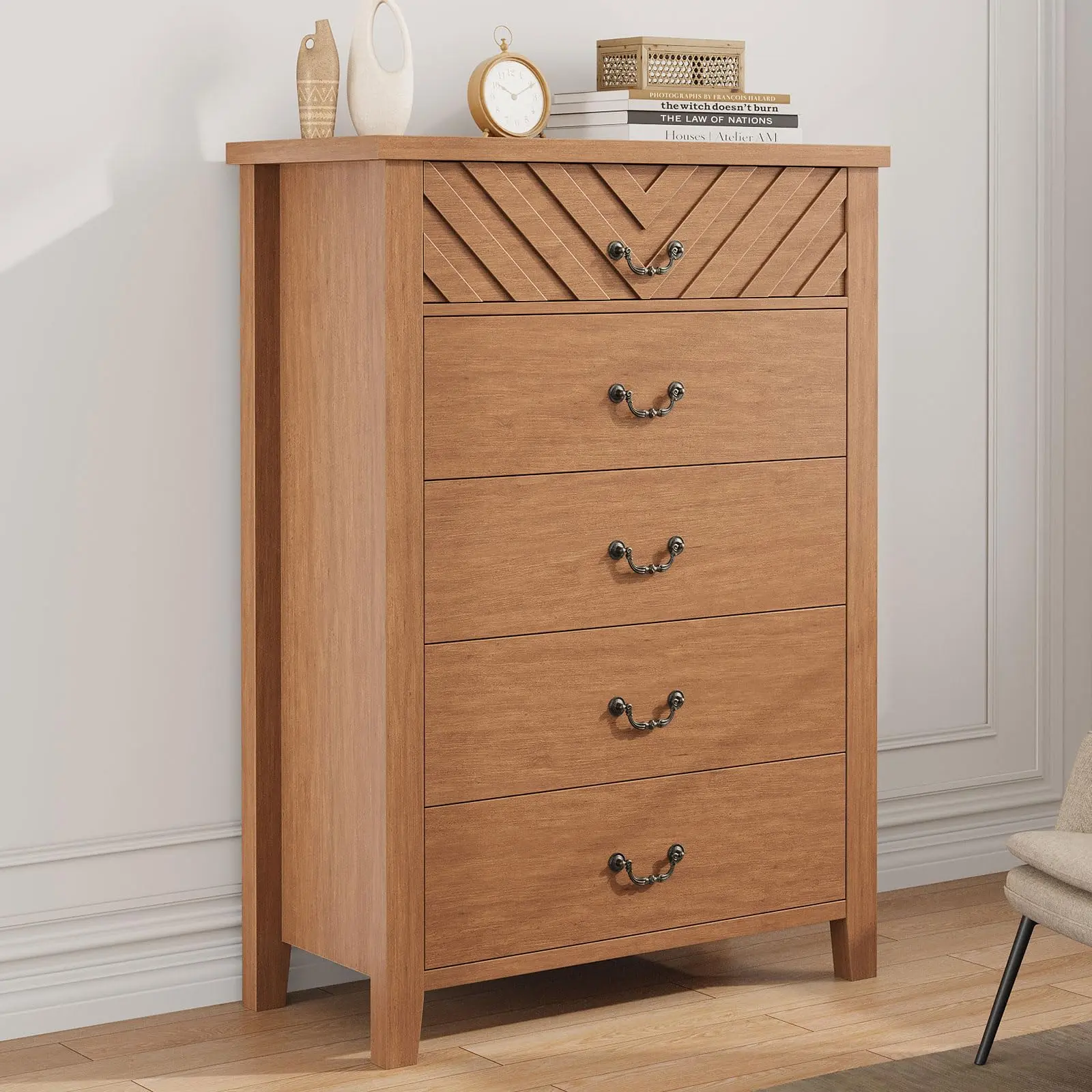 5-Drawer V-Design Front Wood Dresser Chest - Farmhouse Kids Chest Dresser, Engineered Wood Storage Unit with Secure Packaging, Step-by-Step Instructions for Bedroom, Nursery