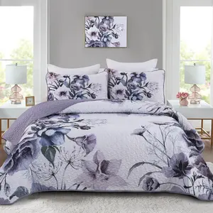 3 Pieces Purple Floral Quilted Bedspread Set Queen King Size Boho Quilt Coverlet Set Soft Microfiber Lightweight Flower Pillowcases for All Season