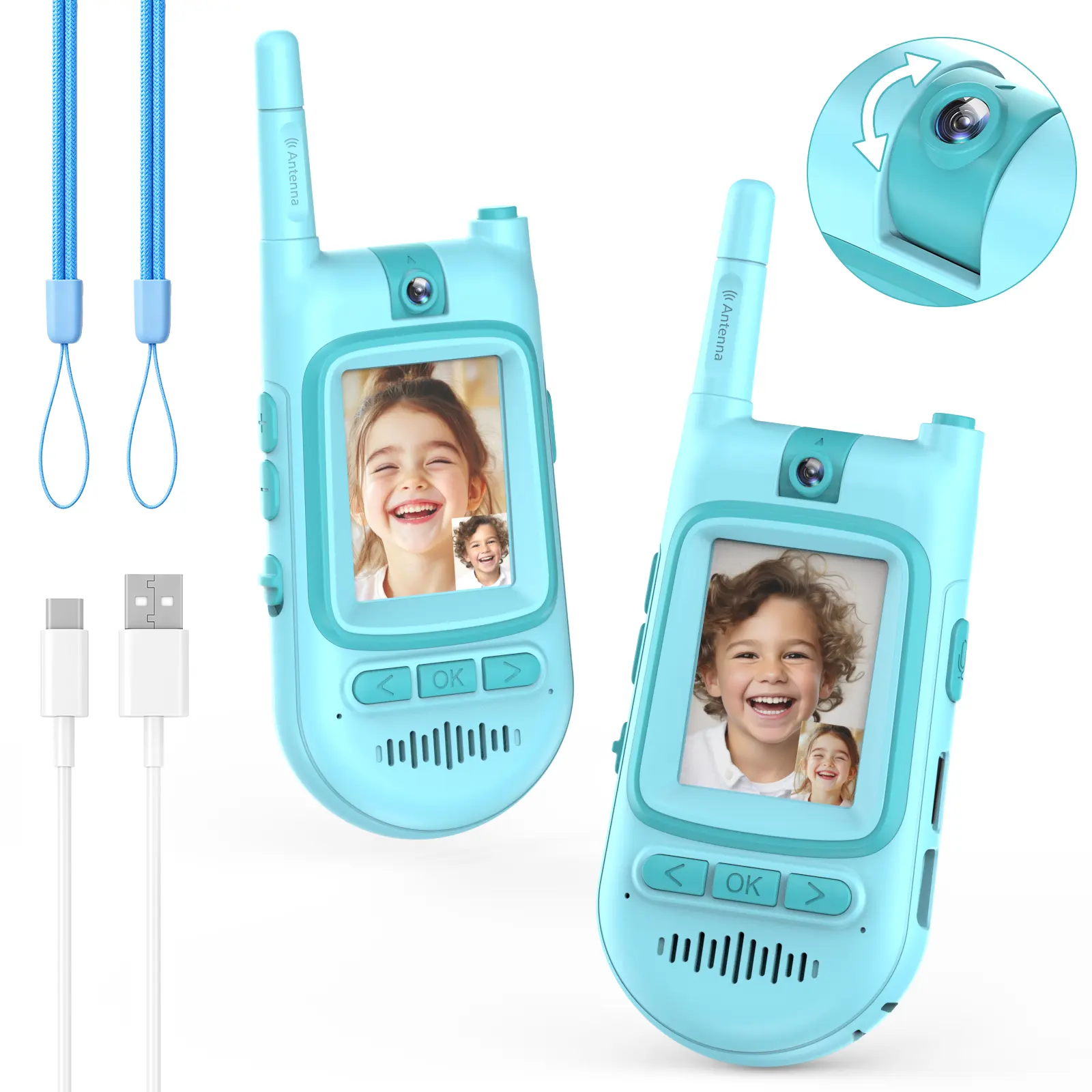 2-Pack Rechargeable 2-in-1 Kids Walkie Talkie with Video Camera Toy, Long Range, Indoor Play/Camping Gift for 3-12 Year Old Boys/Girls with Video Calls Capability