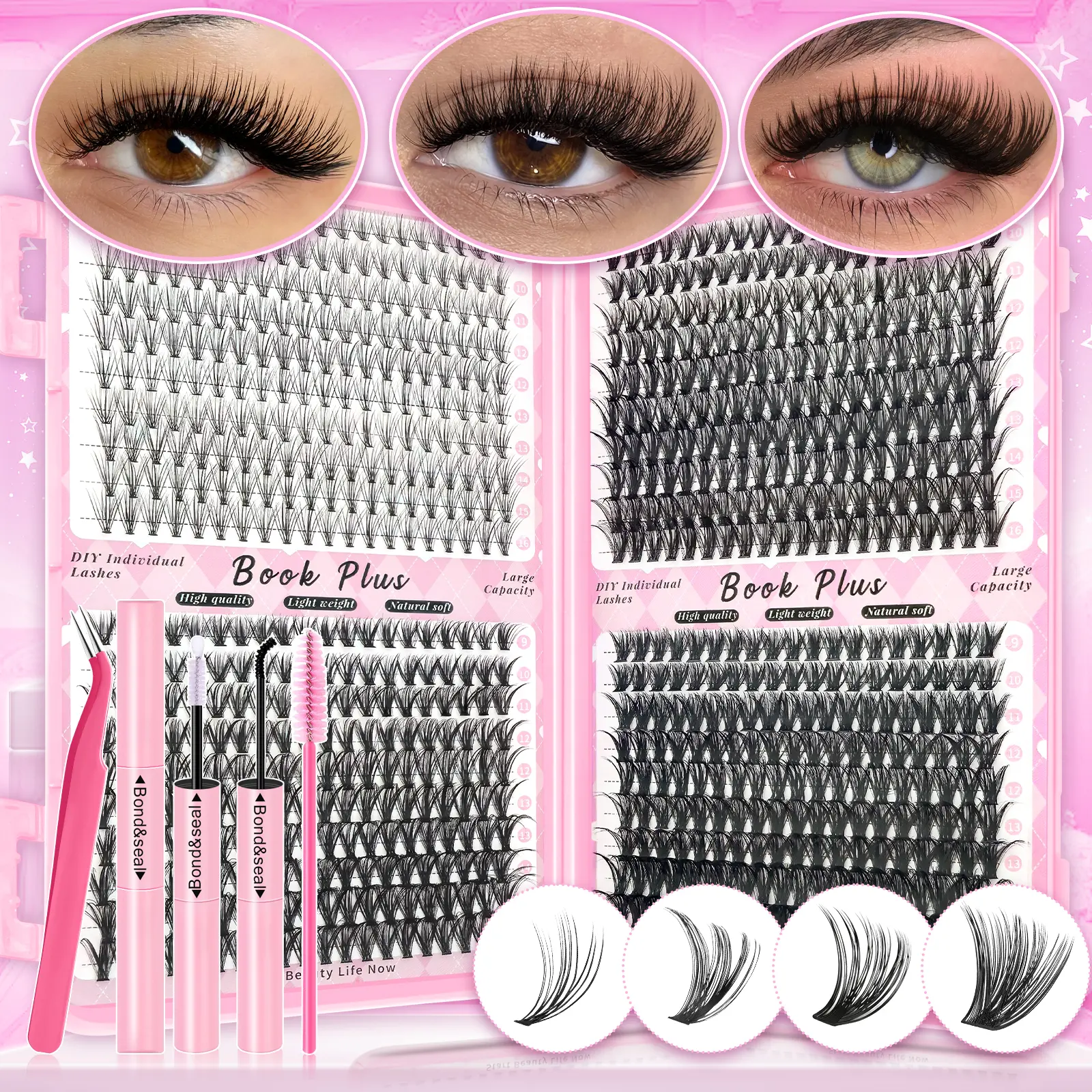 800pcs Natural DIY Lash Extension Clusters Set with Bond & Seal, Tweezer - 20D-30D-40D-50D Fluffy D Curl, Lightweight Luxury Salon-Quality Kit for Beginners, Soft Thin Band Long-Lasting False Eyelashes Makeup