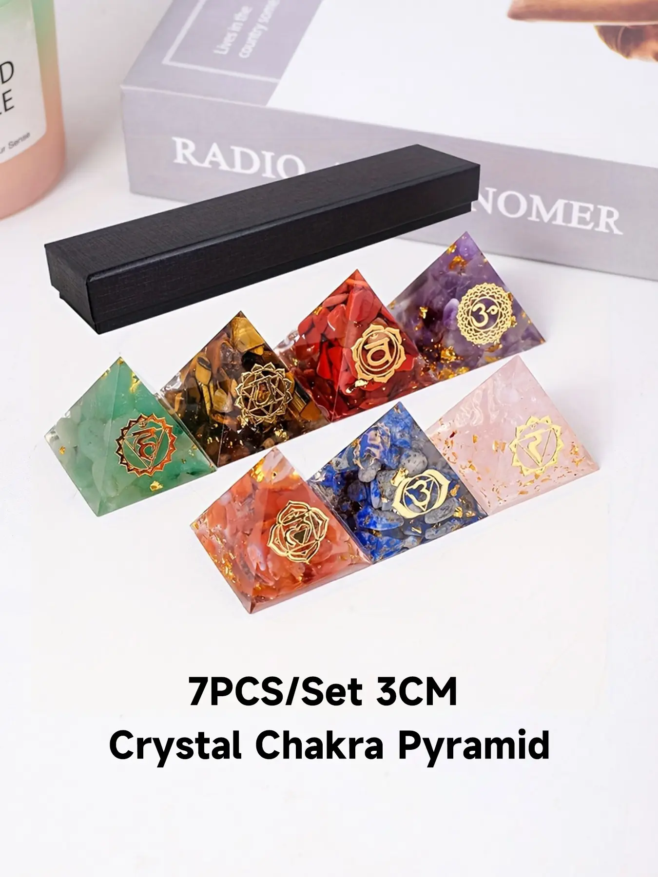 Chakra Orgon Pyramid Set, Natural Crystal Shards Resin Pyramids with Symbolic Resin, Intuitively Chosen Crystals, Hand Selected Crystals, Healing Crystal Decor for Home Decoration, Crystal Decorative Ornaments