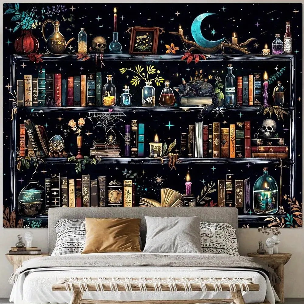 2D Flat Magic Bookshelf Tapestry Magical Witchy Potion Dark Hippie Haloween Tapestries Wall Hanging Gothic Skull Black Cat Library Book Tapestry for Bedroom Living Room Dorm