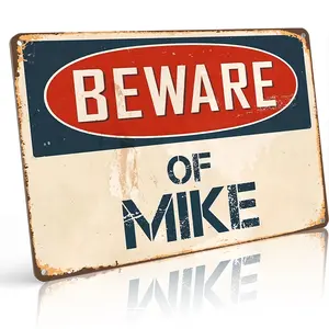 Funny Personalized Name Sign "Beware Of Mike" 8x12 Inch Aluminum Metal Wall Decor, Vintage Warning Plaque for Man Cave & Bedroom, Perfect Birthday Gift for Him & Dad