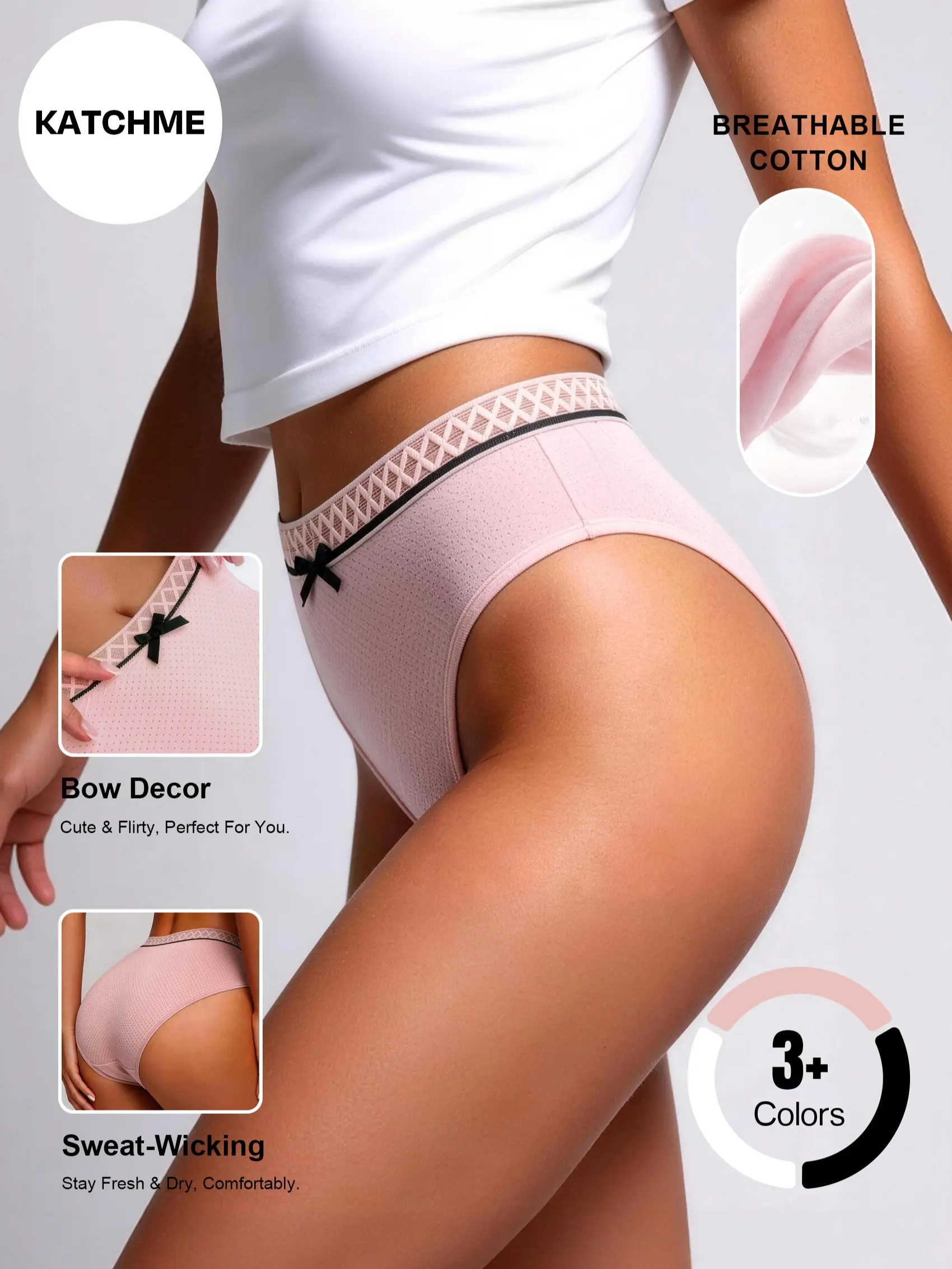 Katch Me Chic Women's Chic Low-Rise Bow Decor Cotton No Show Briefs, Lovely Diamond-Shaped Waistband Breathable Panties, Smooth Stretchy Underwear