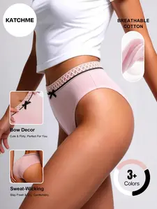 Katch Me Chic Women's Chic Low-Rise Bow Decor Cotton No Show Briefs, Lovely Diamond-Shaped Waistband Breathable Panties, Smooth Stretchy Underwear