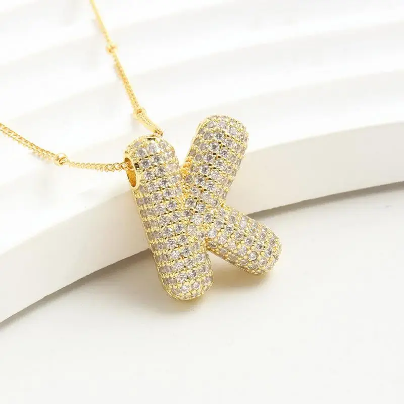 14K GoldPlated Chunky Bubble Initial Necklace for Women – Dainty Personalized Letter Pendant with Cubic Zirconia – Bold Statement Jewelry Gift for Her Birthday Anniversary, mothers gift,spring necklace