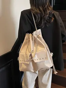 Large Capacity PU Backpack with Drawstring Closure, Rivet Decorative Metal Chain, Street Style, Suitable for Shopping, Commuting, School