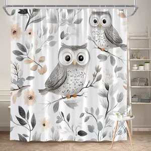 1Pc Cute Owl Shower Curtain with Floral Leaves Design Polyester Fabric Bathroom Decor Tub Divider Hanging Curtain with 12 Hooks 70.8x70.8 Inch for Home Decoration