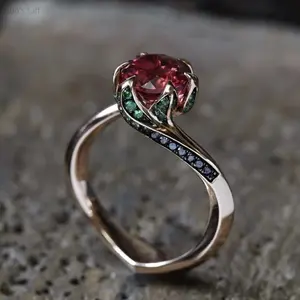 Women's Rose Gold-Plated Floral Band Ring, European-Sculpted Statement Jewelry with Red Cubic Zirconia Inlay, Elegant Accessory for Daily Dating Party Casual Wear