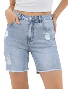 luvamia Jean Shorts for Women High Waisted Trendy Mid Thigh Distressed Ripped Frayed Stretchy Denim Shorts Cut Off Jorts