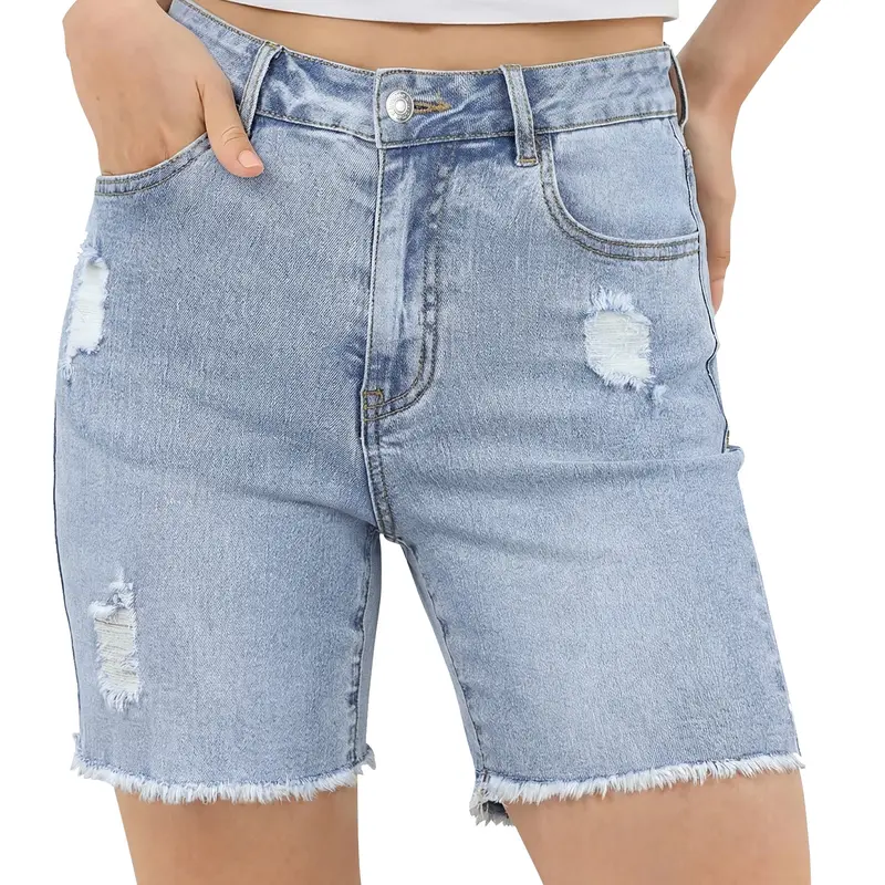 luvamia Women's Fitted High-Waisted Distressed Denim Shorts - Stretchy Elastane Mid-Thigh Cut-Offs with Raw Frayed Hem, Easy to Style for Dating, Jean Shorts
