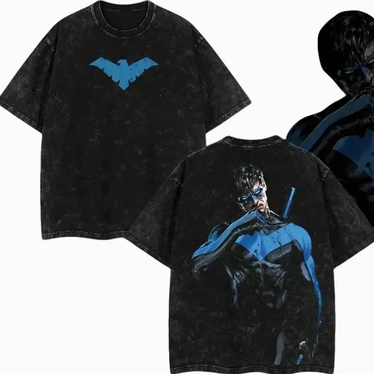 Menswear Tshirt - Men's Superstyle Teen Titans #44 Dick Grayson Nightwing (Robin Hood #1) Hero Verse, Distressed Vintage Acid Washed Festive Cotton, Oversize Lightweight Round Neck Short Sleeve Unisex Streetwear Top MED