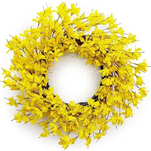 Summer Wreaths for Front Door, 24 Inch Yellow Forsythia Spring Door Wreath, Farmhouse Summer Door Wreaths on Grapevine for Christmas Celebration Wall Window Decoration Hanging