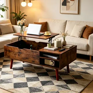Multifunctional Lift Top Coffee Table with Hidden Compartment and 2 Cubbies,Sturdy Raising Mechanism, Brown Wooden Center Tables with Storage, Adjustable Height, Contemporary Style