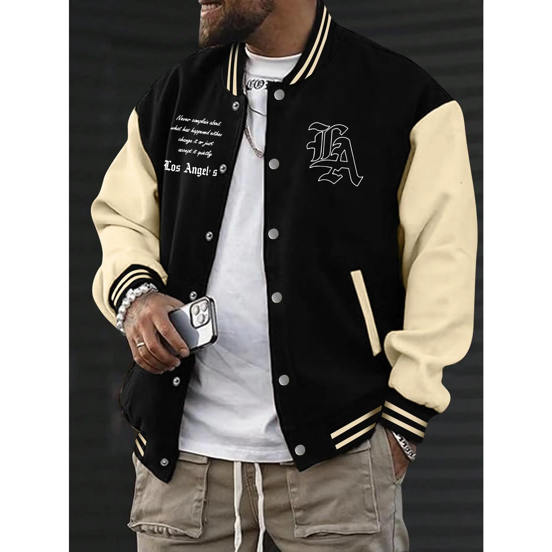 Men's American Style Fleece Fashion Fit Baseball Jacket - Geometric, Letters, Comfortable Stretch Fabric, Kangaroo Pocket, Button Details, Casual Crewneck Longsleeve Menswear Top