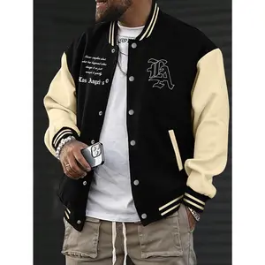 Men's American Style Fleece Baseball Jacket - Menswear Tops, Fashion Fit, Comfortable Stretch Fabric, Kangaroo Pocket, Button Details, Casual Crewneck Longsleeves Coat