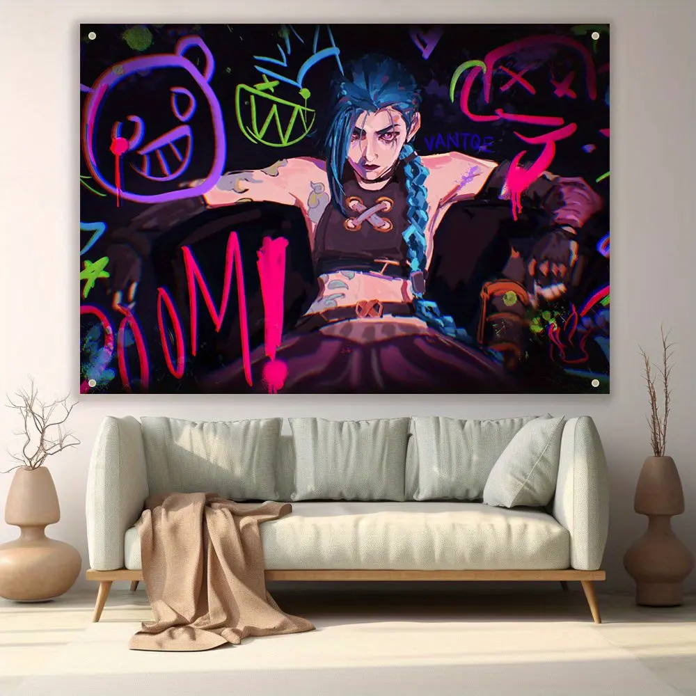 summerwins Vibrant Jinx Character Polyester Tapestry 60in x 40in - Contemporary Graffiti-Style Wall Mural, Indoor Home Decor for Living Room - Ideal for Party Background, Live Streaming Setup, Decoration, Indoors