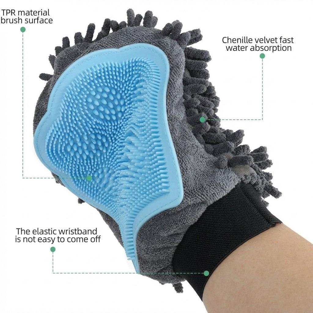 Pawzseek Dog Washing Gloves - Dual-Sided Pet Grooming Mitt with TPR Brush, Chenille Microfiber - Paw Wash Manual Tool for Bathing, Dirt Removal - All Coat Types Pet Bath Accessory