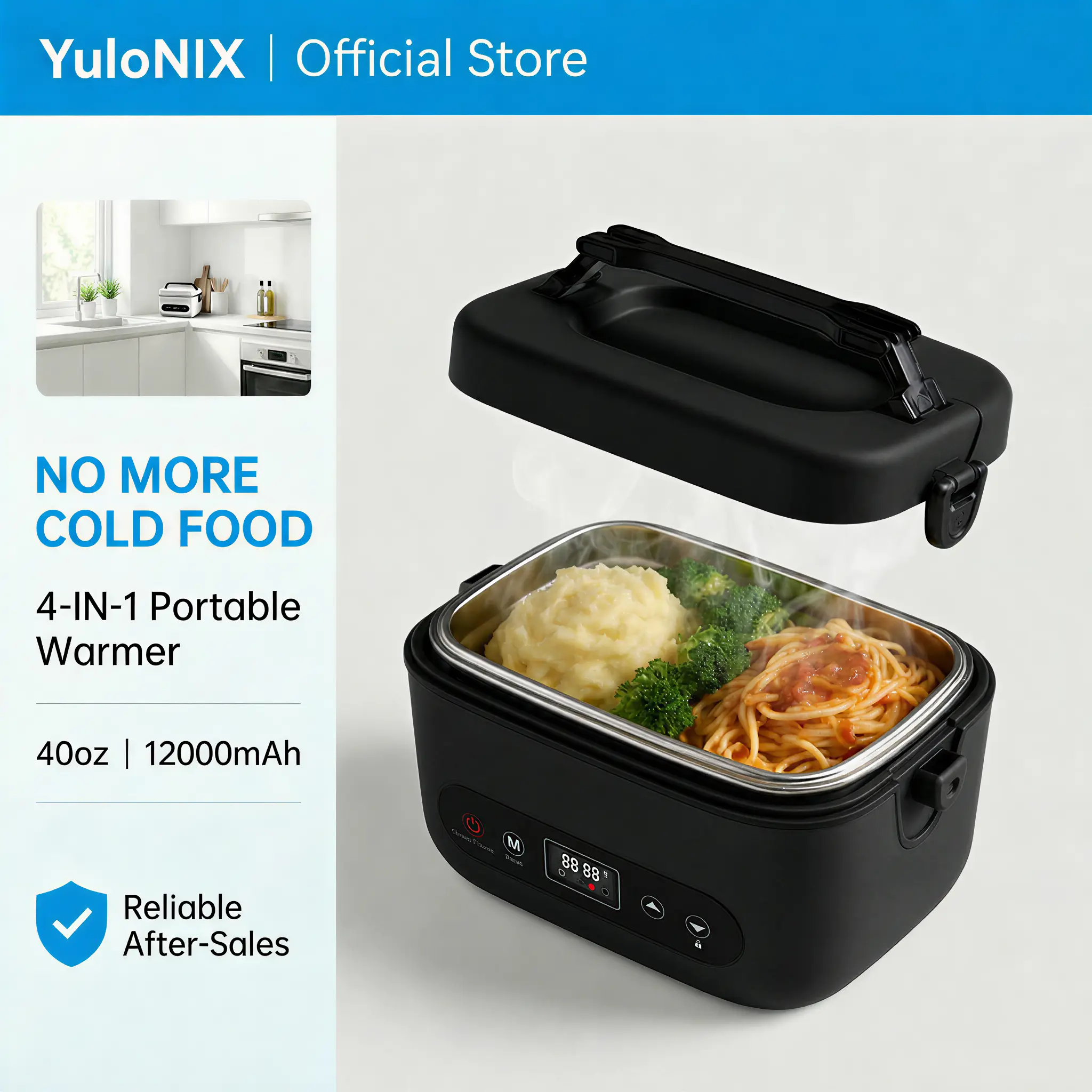 YuloNIX Cordless Heated Lunch Box for Men Adults, Rechargeable Electric Lunch Box Warmer, Pro 12000mah, Battery Powered, 4 in 1 1.2L Portable Food Heater Heating-Intelligent Temperature Control, Suitable For Trucks,Offices (Black/White) Bento Boxes