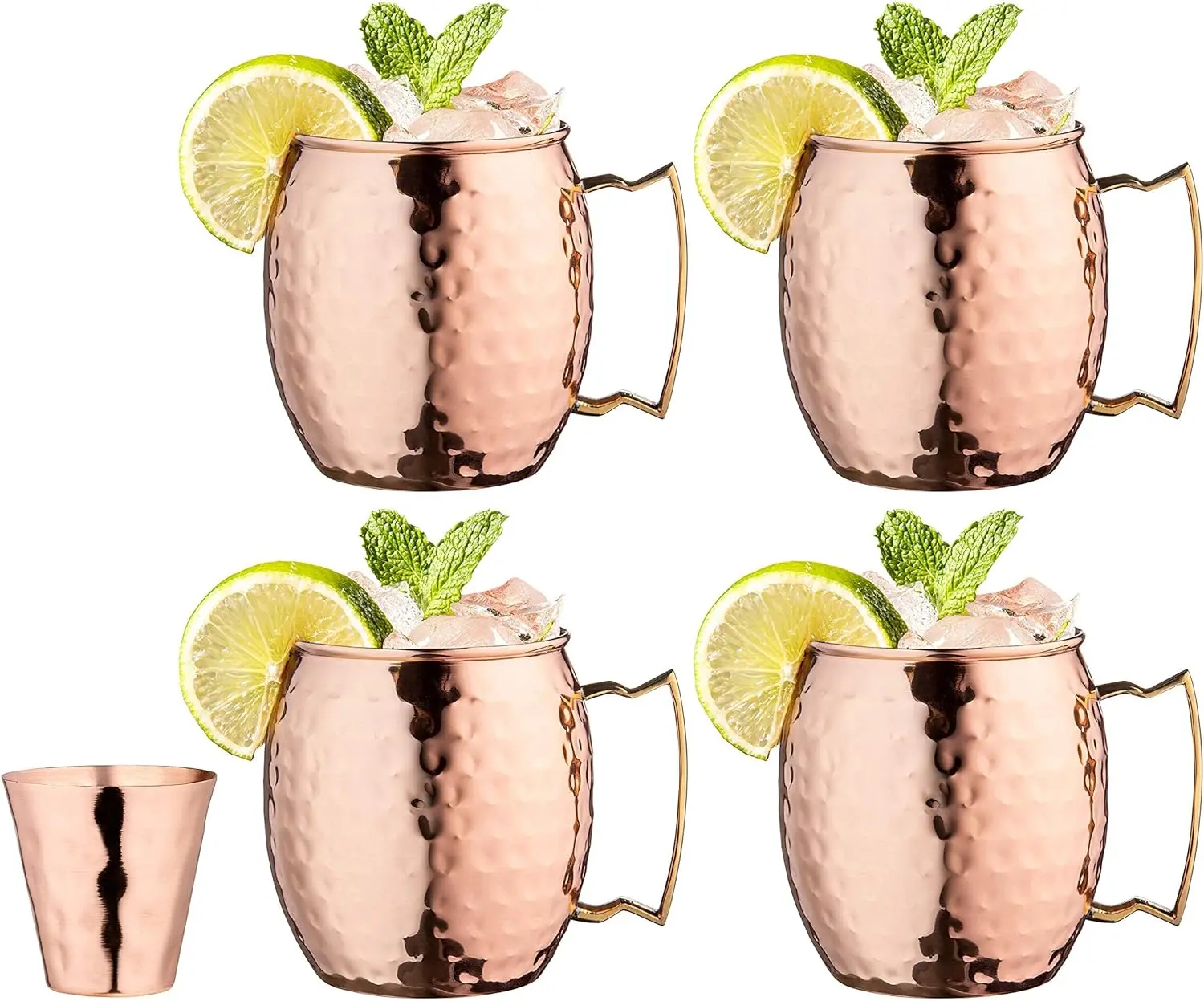 Royalty Art Moscow Mule Copper Mugs, Set of 4, 16 oz Pure Copper | Polished hammered finish, brass handles, bonus copper shot glass, food safe cocktail barware gift
