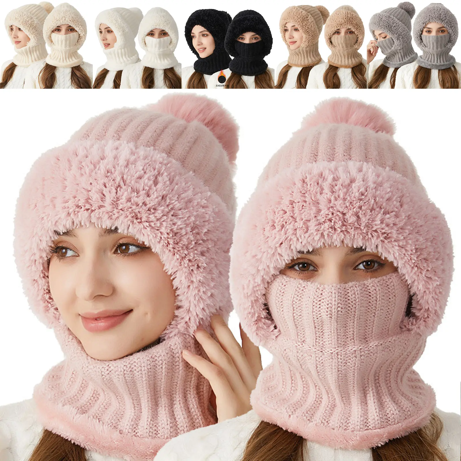 FEITAI Women's 3-in-1 Knit Beanie Set - Fleece-Lined Winter Hat, Scarf, Mask - Ideal Cold Weather Accessory Gift