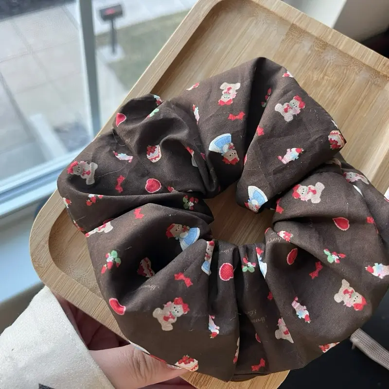 Chocolate Teddy Bear Scrunchie - Cute Vintage-Inspired Hair Accessory with Brown Color and Character Print