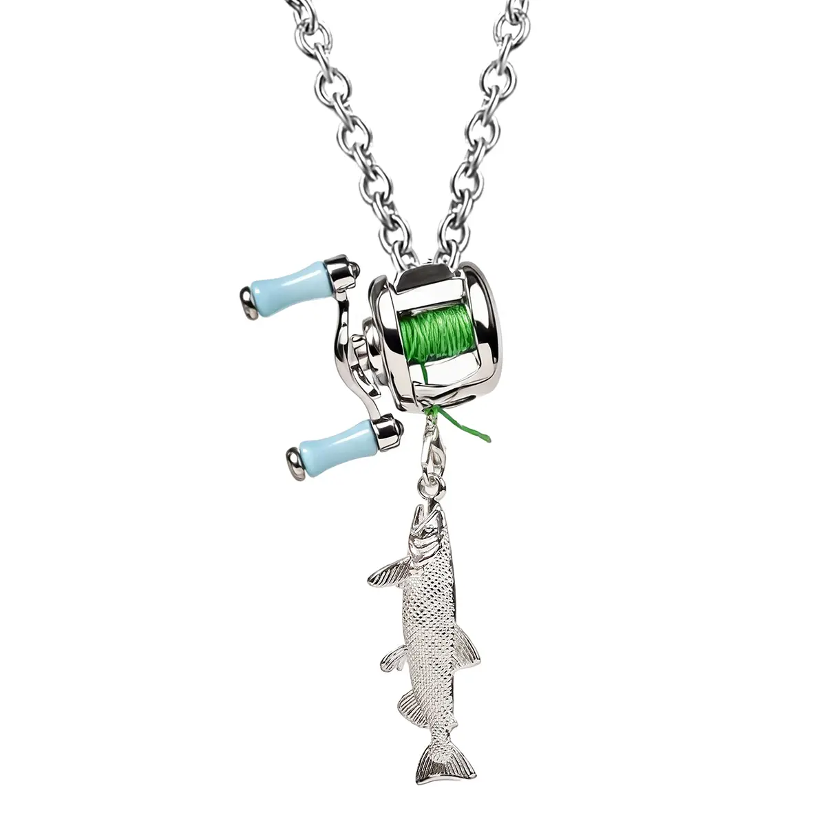 Mini fishing reel necklace, Rotating Handle Spinning Reel Pendant Keychain