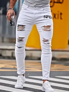 Men's Fashion Casual Plain Solid Color Ripped Skinny Denim Jeans, High Street Streetwear Slim Fit Tight Pants, Menswear Perfect Gift for Boyfriend and Husband